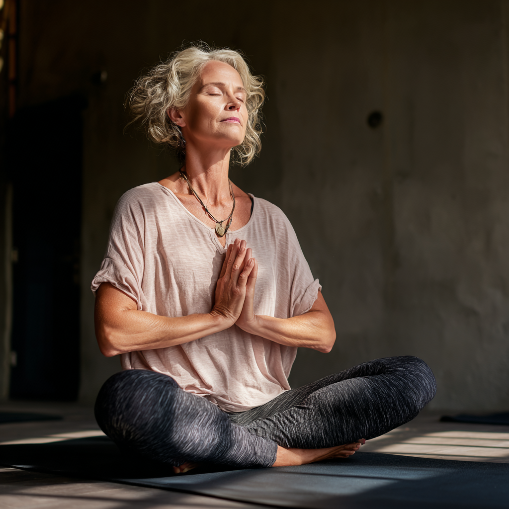 mature woman practicing gentle yoga poses in peaceful studio environment